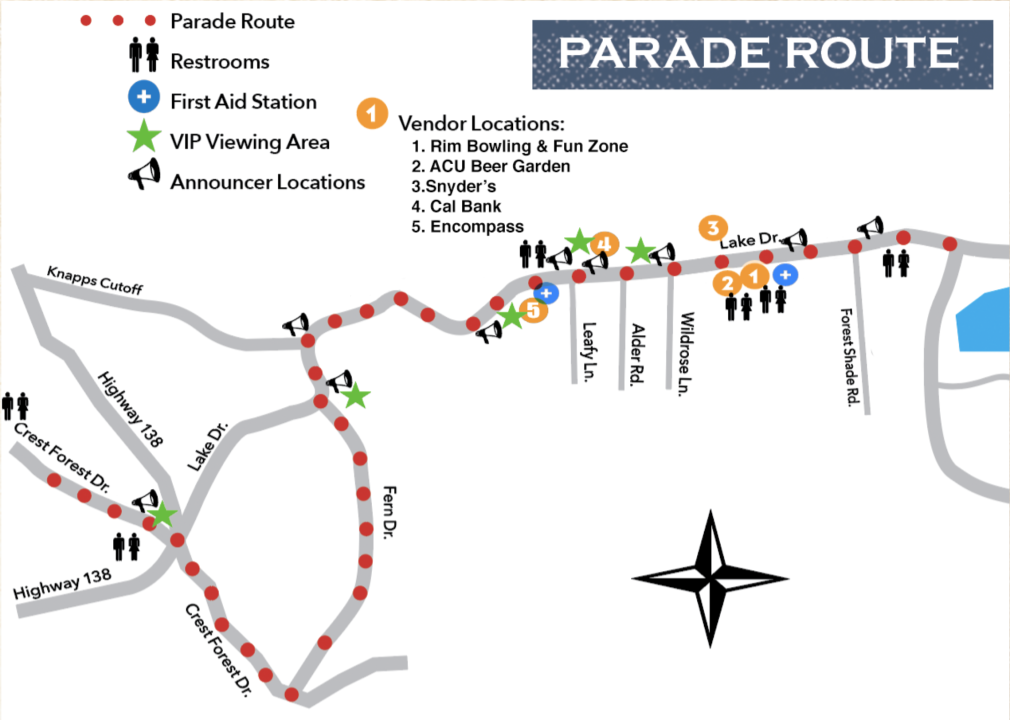Map of parade route with amenities and locations.